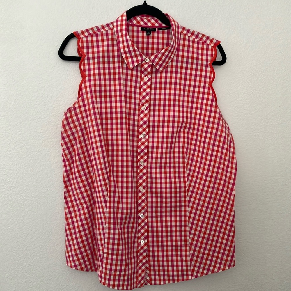 Talbots Women’s Sleeveless Scalloped Gingham Top Size 14 Non iron Picnic